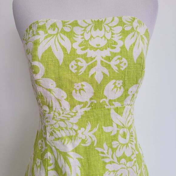 Suzette Linen Strapless Dress Green Floral Tie Back Pineapple Preppy Women 4 - Picture 4 of 12